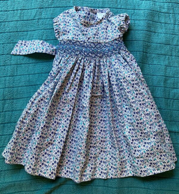 Edgehill Collection Blue Floral Print Embroidered Smocked Cotton Dress ~ 9 mo