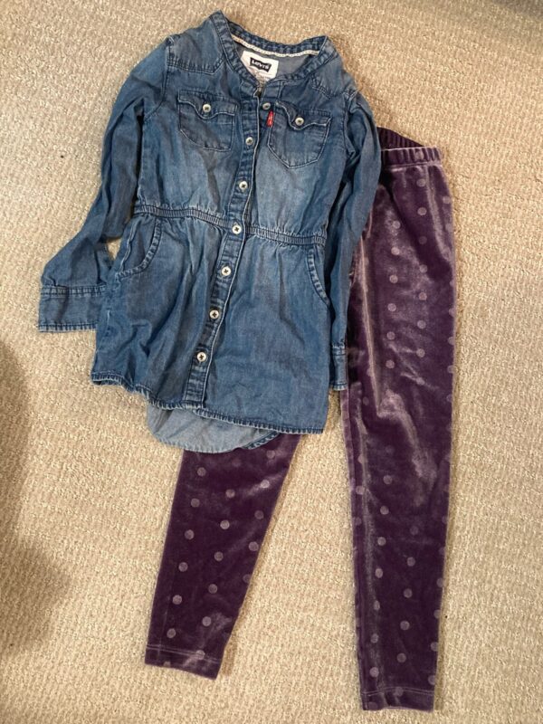 Lot Outfit ~ Levi’s Denim Jean Dress & Peek Polkadot Velvet Leggings ~ Size 4