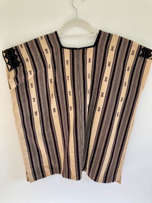 Vintage Huipil Blouse Top ~ Striped & Embroidered Neutrals Black & Tan ~ Sz S M