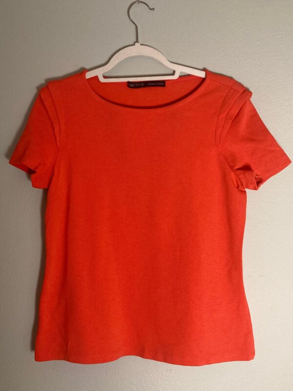 Zara Bright Orange Short Sleeve Top ~ Stretch & Shoulder Detail ~ Size L