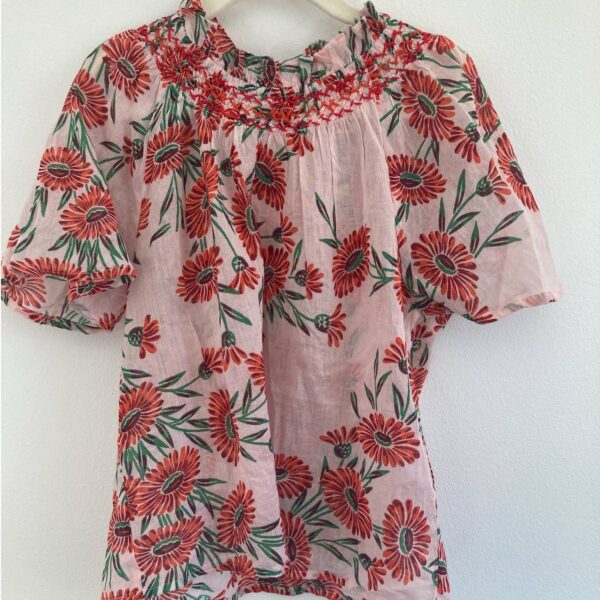 Banjanan Little Girls Blouse Top ~ Pink Red Flowers Print ~ Sz 6 yrs ~ Sheer