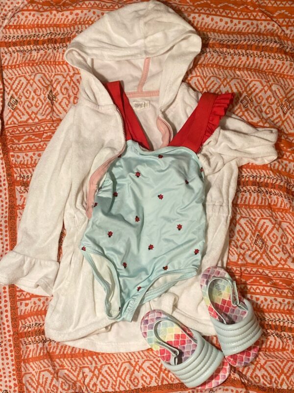 Girls Pool Ready Lot 2/3T ~ Robe + One-piece Swimsuit + Slides Sz 7 ~ Pristine!