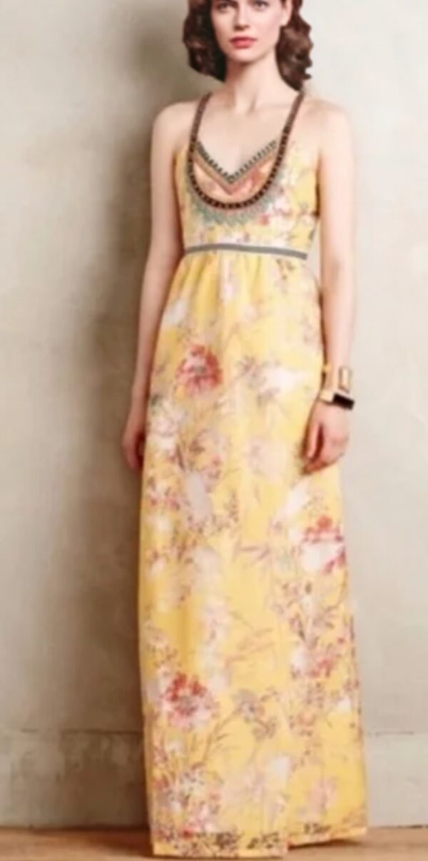 Vineet Bahl Anthropologie Yellow Floral Embroidery Maxi Dress ~ Sz 0 ~ LOVE!