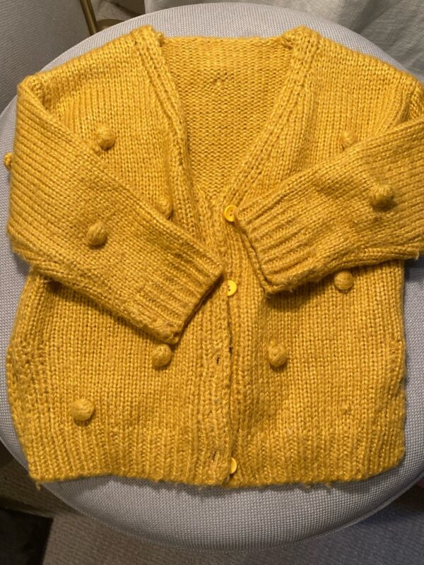 ADORABLE Mustard Yellow Polkadot Pom Pom Cardigan Sweater ~ Size 4/5 ~ Boutique