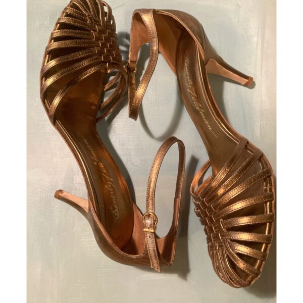 Beverly Feldman 1940s Throwback Gold Bronze Strappy Heels ~ Sz 9.5 10 ~ Vintage!