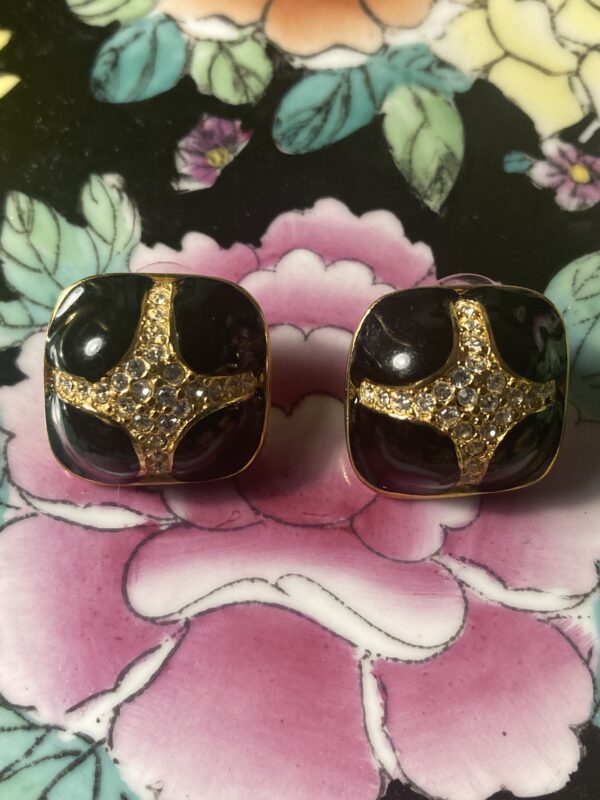 Vintage Pair Earrings Gold & Black Enamel & Diamond Cross Pattern ~ Very CoCo!